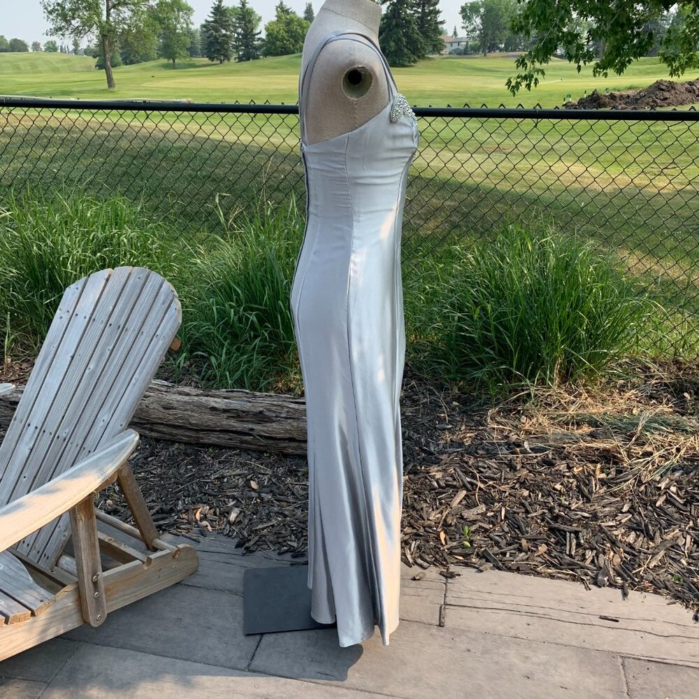 Vintage Silver Satin Maxi Dress with Beaded Bodice Grad Prom dress - Picture 4 of 16